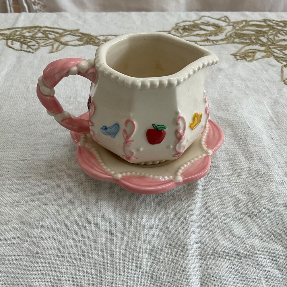 Vintage Style Princess Ceramic Creamer and Saucer Set Pink White Apple Crown